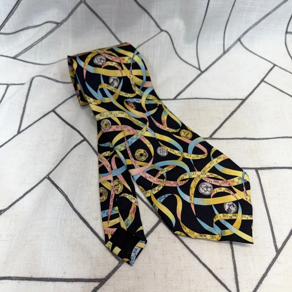 Nicole Miller Necktie OS Black Stock Market Ticker Tape Coins Silk Vintage 1999